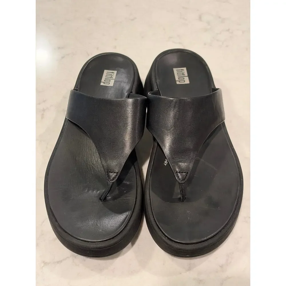 Fitflop Women’s F-Mode Leather Flatform Toe-Post Sandals Slip On Size 6.5 Black